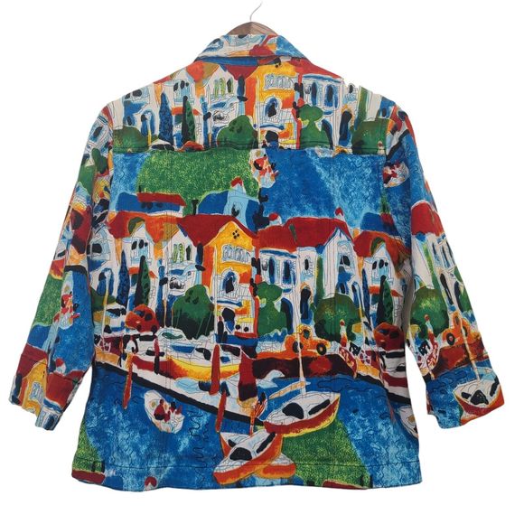 KAKTUS Women’s Multicolored Denim City Boats Jacket Button Up Pockets Size L - Picture 4 of 9